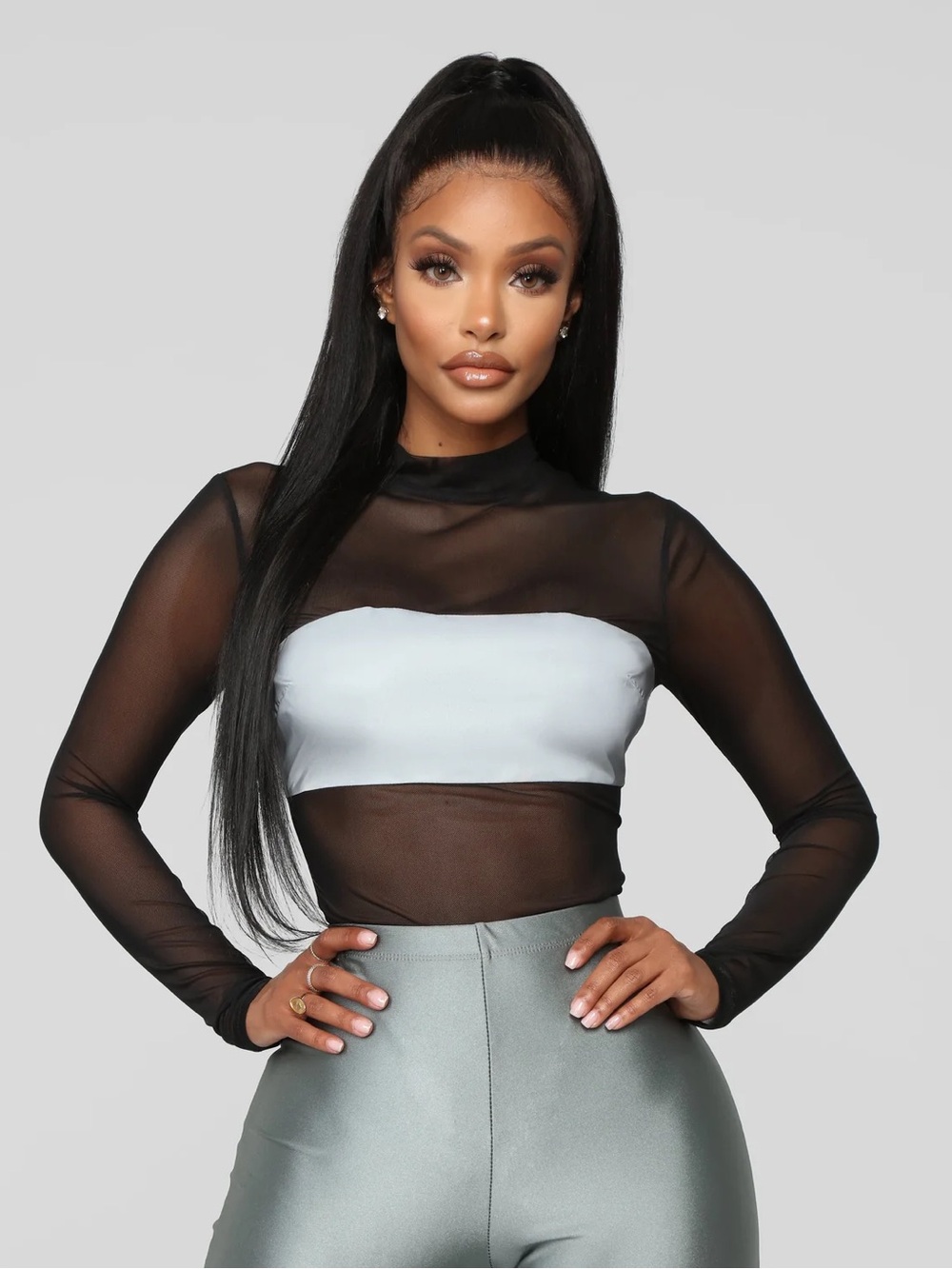 Black Mesh Bodysuit with Reflective Panel